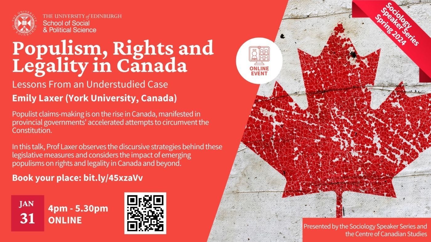 Event flyer for ‘Populism, rights and legality in Canada: Lessons from an understudied case’